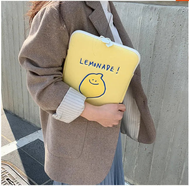 Korean ins niche design lemon embroidery letters polyester tablet laptop storage bag 11 inch