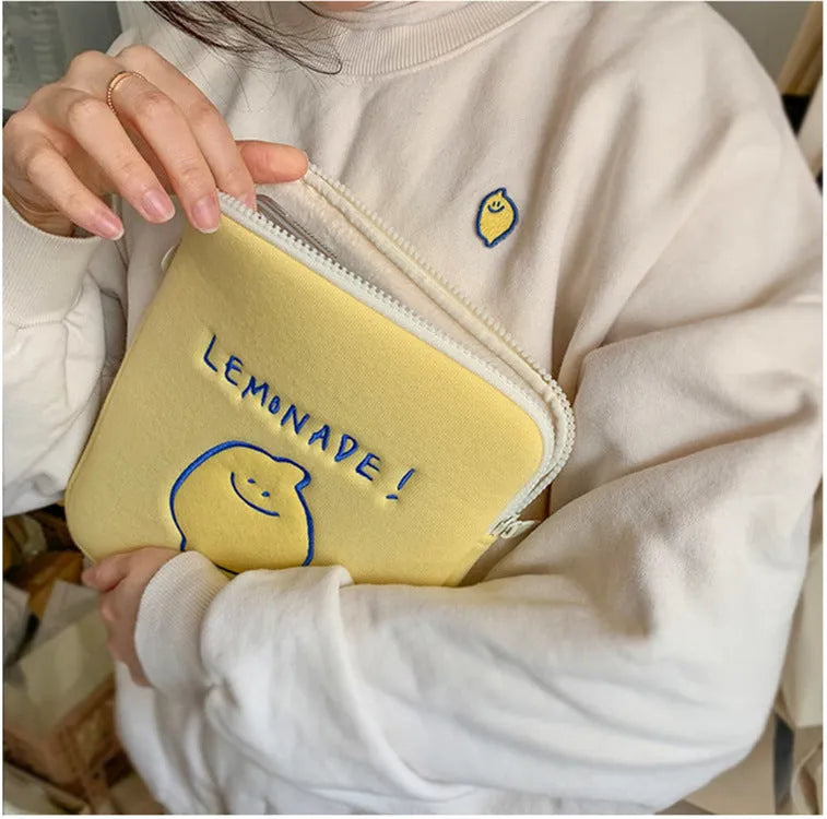 Korean ins niche design lemon embroidery letters polyester tablet laptop storage bag 11 inch