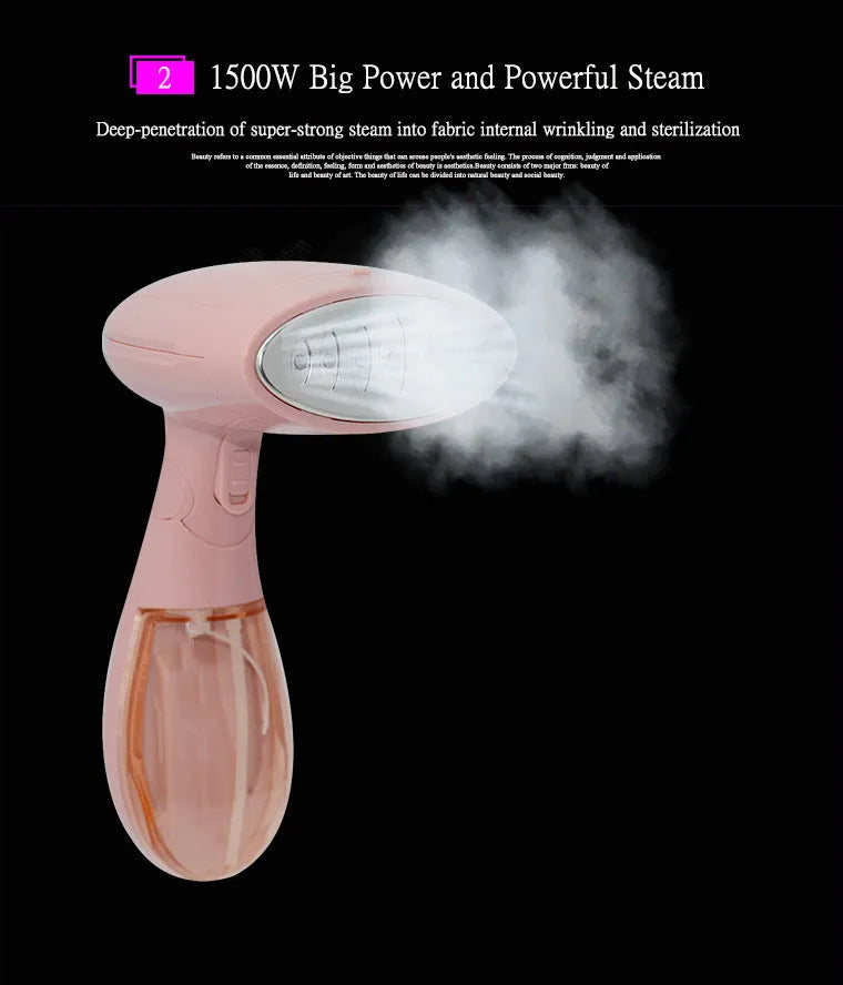 Pink Sokany handheld steam ironing brush with EU plug for clothes smoothing.