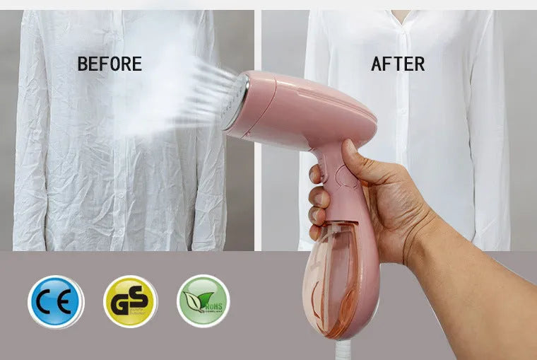 Pink Sokany handheld steam ironing brush with EU plug for clothes smoothing.