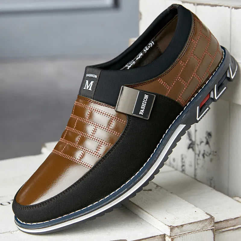 Men's black casual leather low-top shoes showing side profile on a white background.