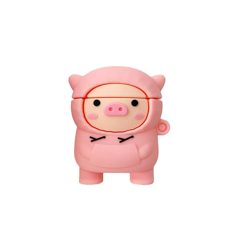 Pink silicone AirPods case with cartoon pig design, flip opening, and hook attachment