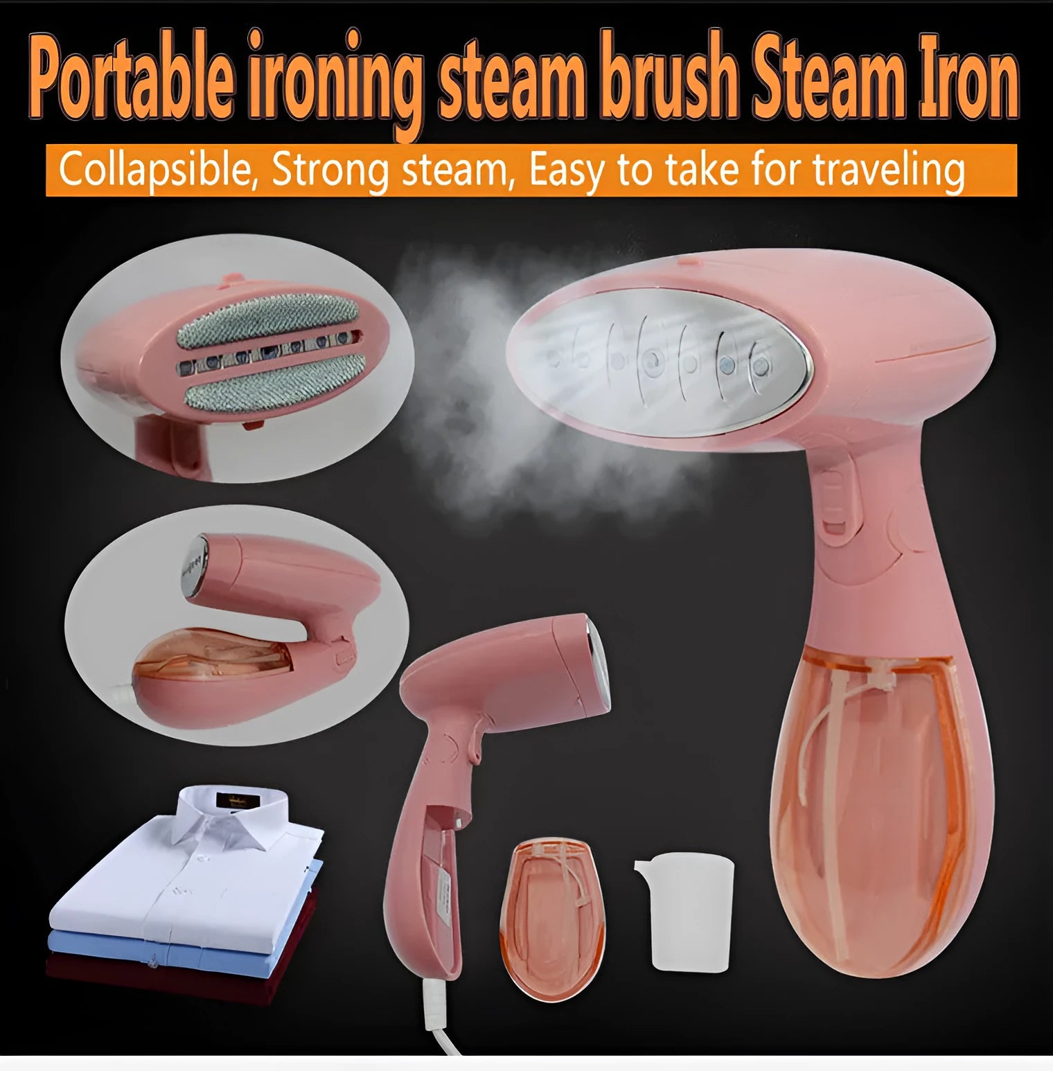 Pink Sokany handheld steam ironing brush with EU plug for clothes smoothing.
