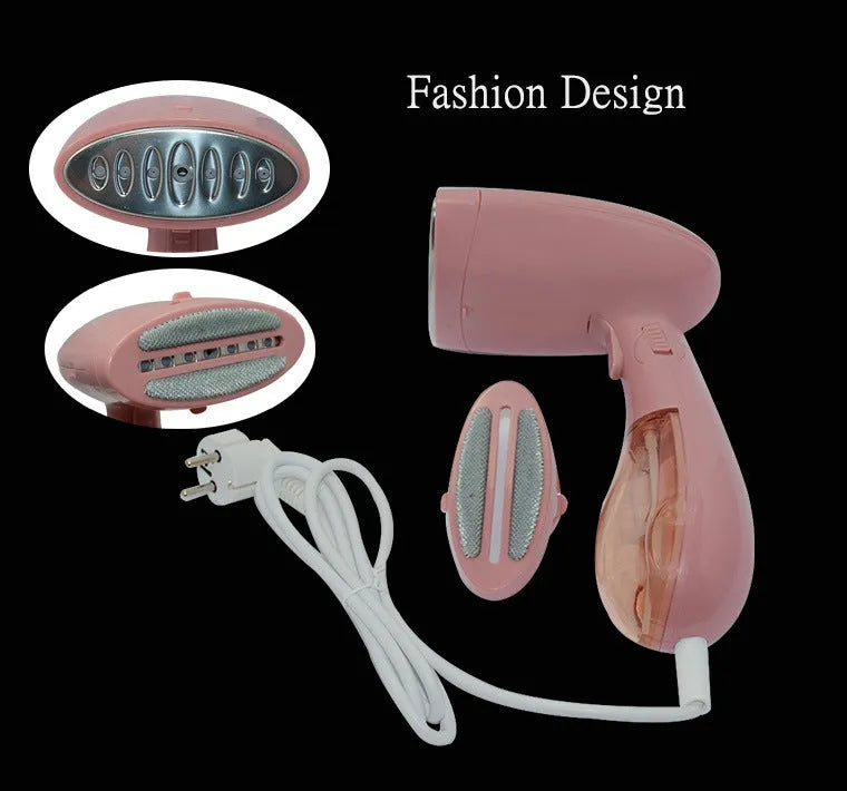 Pink Sokany handheld steam ironing brush with EU plug for clothes smoothing.