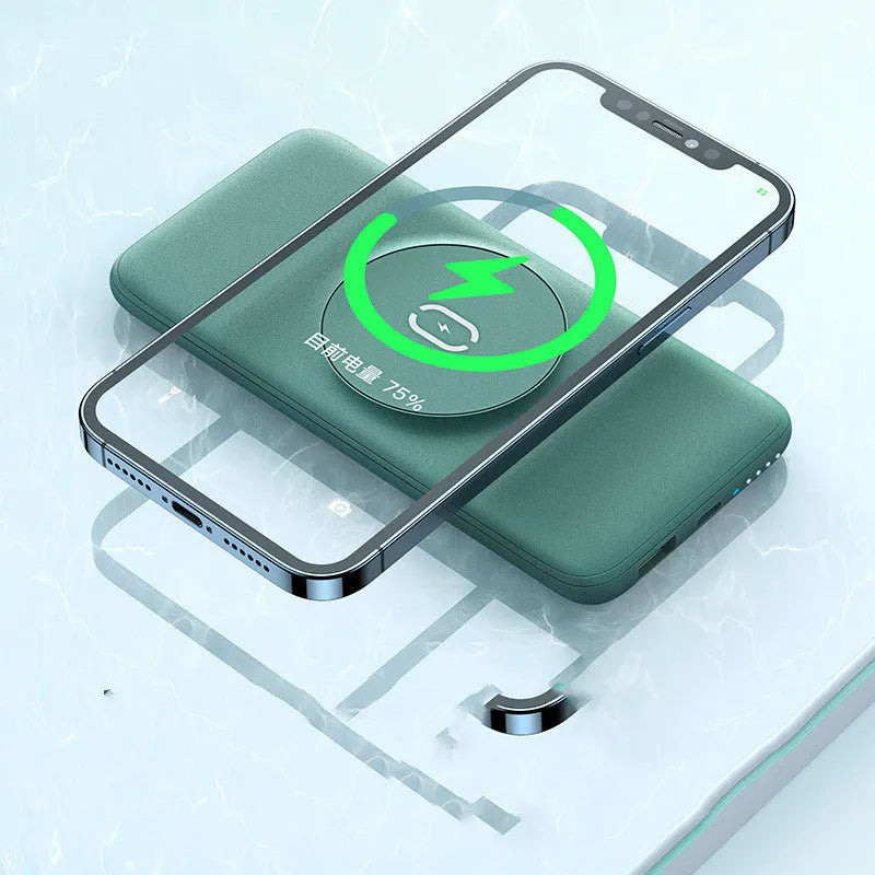 Maiduo Magsafe magnetic wireless power bank in mint green with dimensions 15.5cm by 7.5cm by 1.55cm