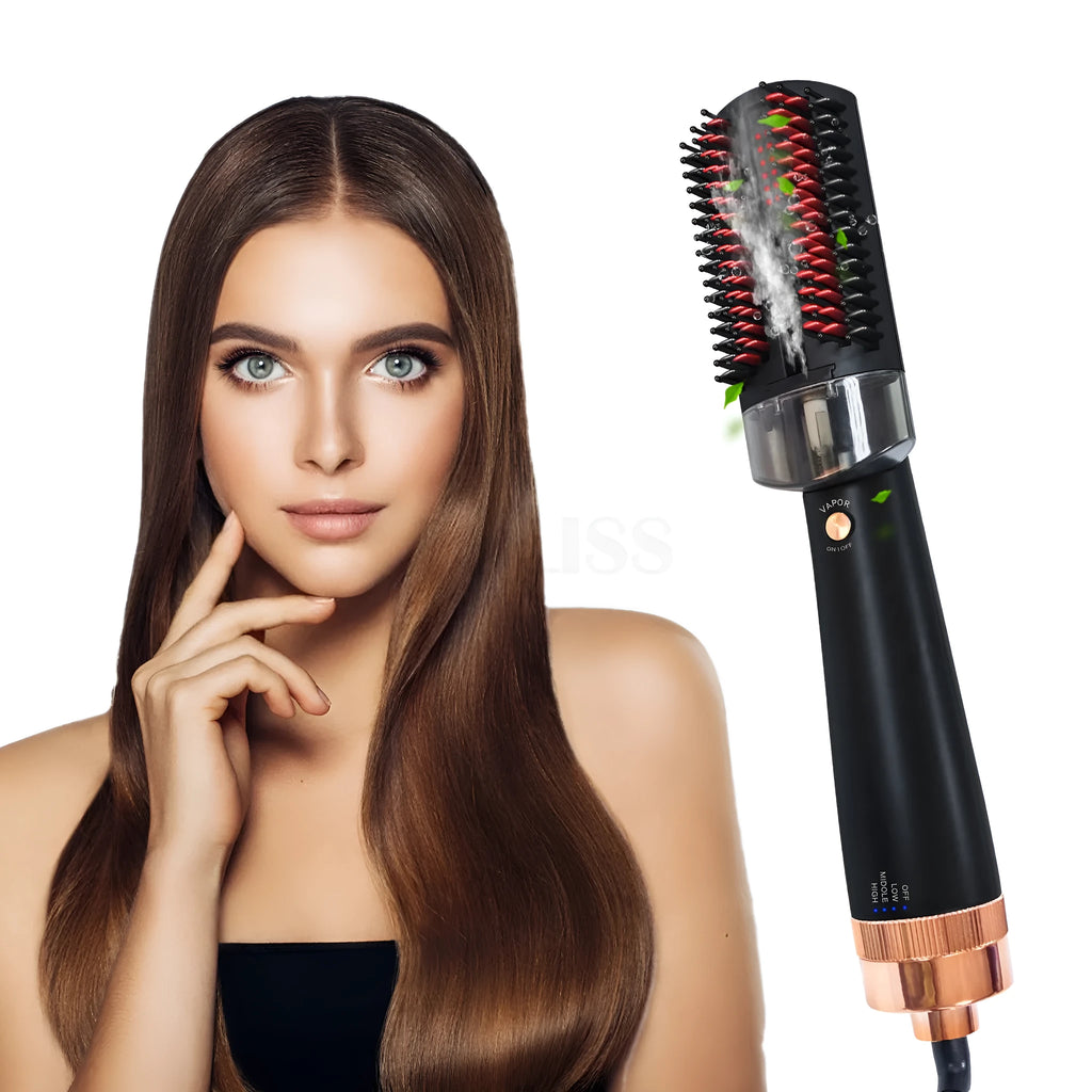 Black and pink hot air styling comb with anion spray and infrared heating technology