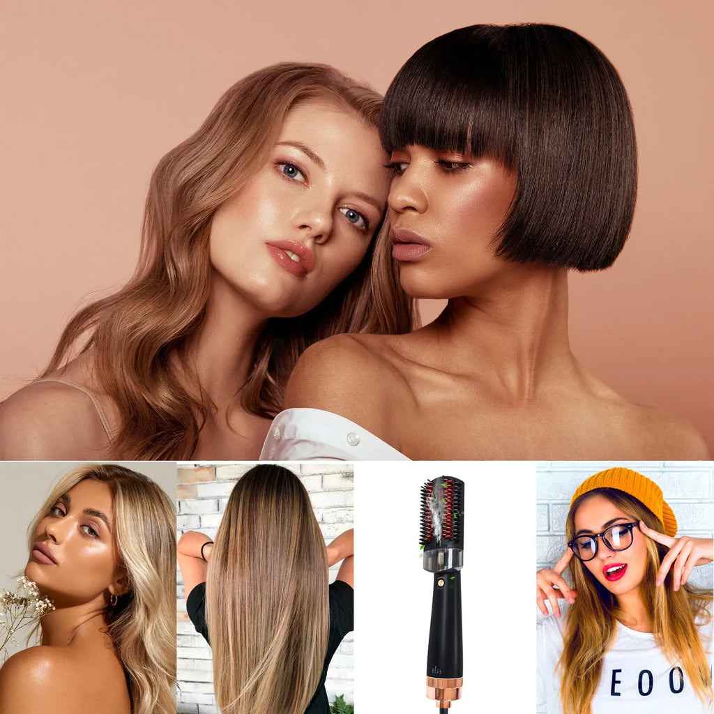 Black and pink hot air styling comb with anion spray and infrared heating technology