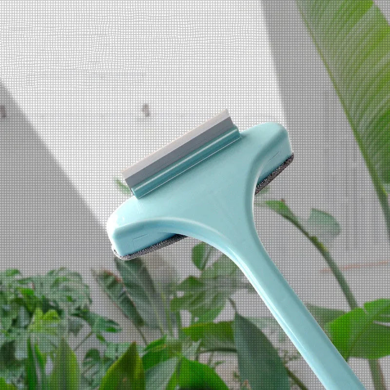 Window screen cleaning brush with crevice attachment and optional glass scraper tool in blue colour