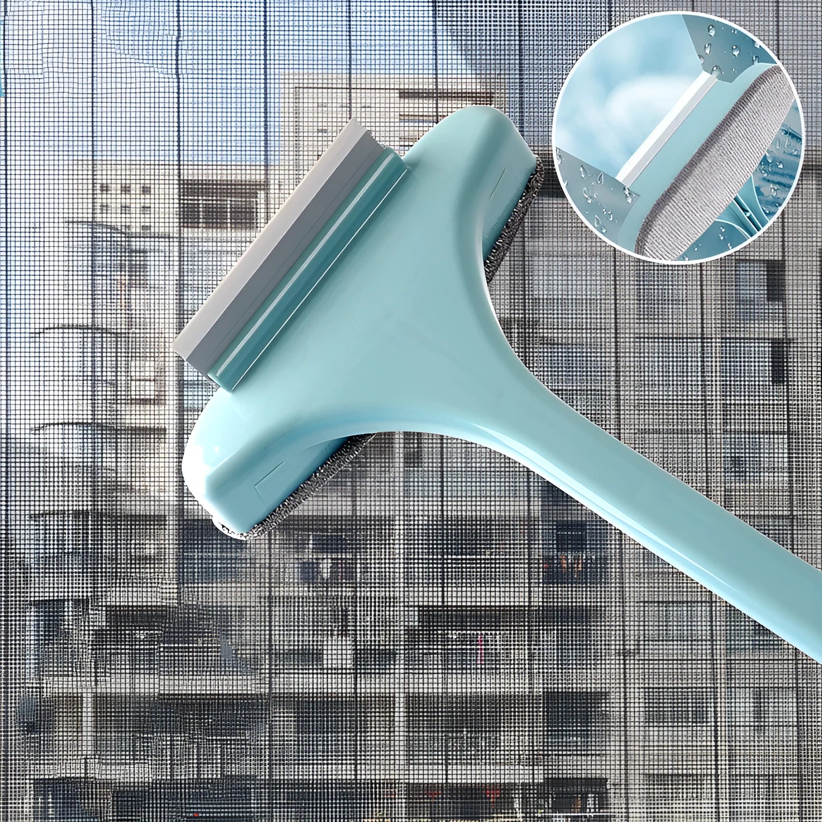 Window screen cleaning brush with crevice attachment and optional glass scraper tool in blue colour