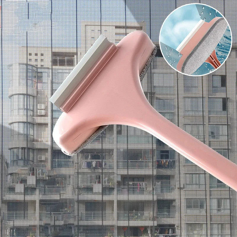 Window screen cleaning brush with crevice attachment and optional glass scraper tool in blue colour