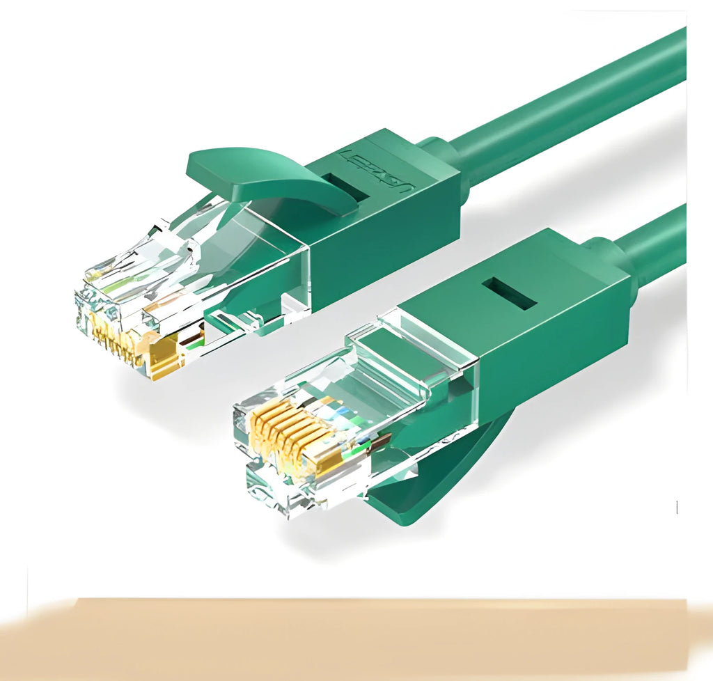 Green UGREEN ethernet network cable with RJ45 connectors, shown in 1m and 2m length options.