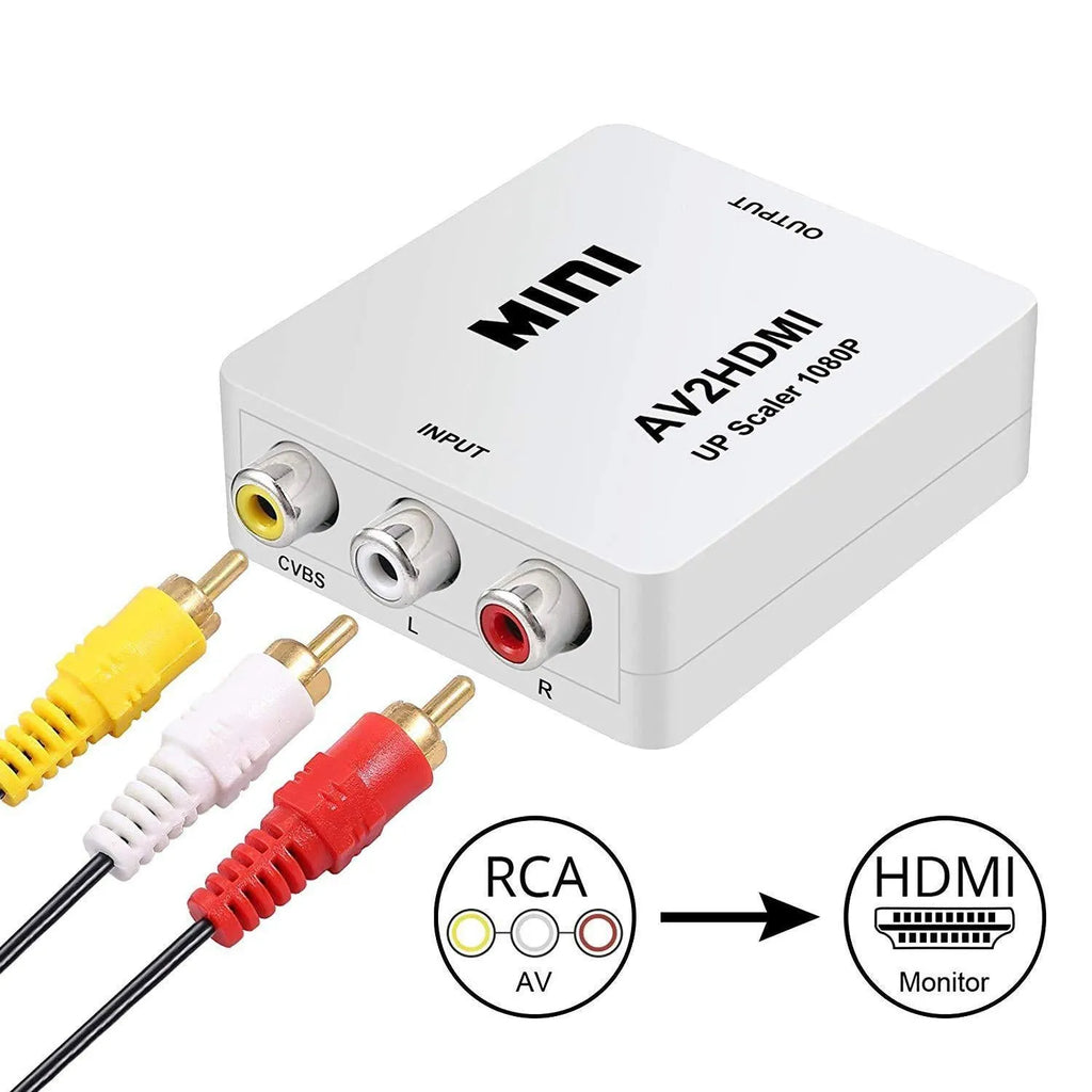 White AV to HDMI converter with 0.5m cable for connecting older equipment to HD displays