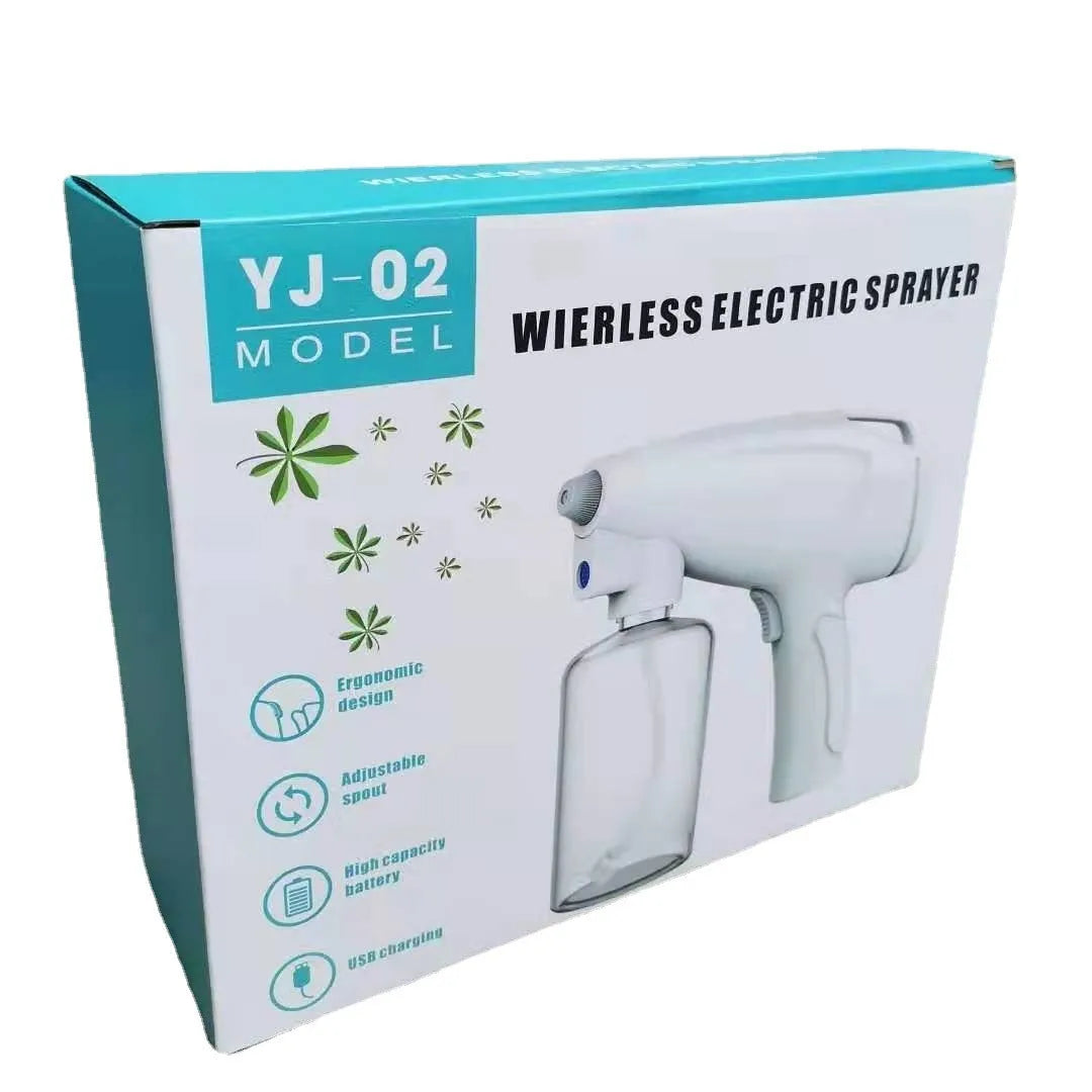 White handheld cordless electric spray disinfection gun with USB charging cable