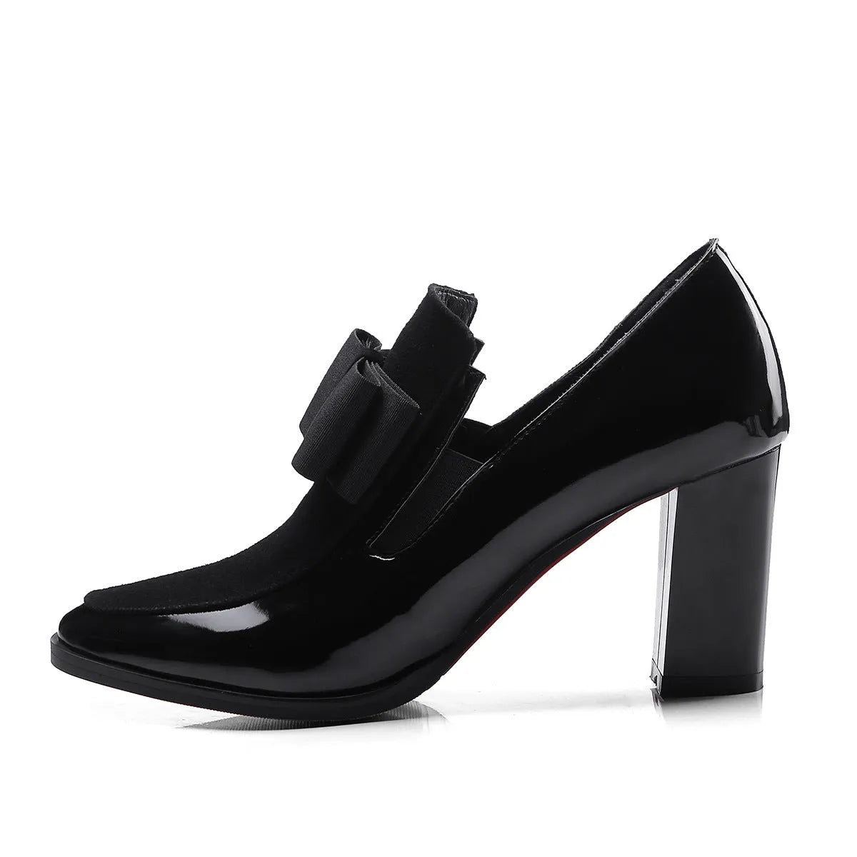 Black patent leather women's high heels with a thick square heel and rubber sole.