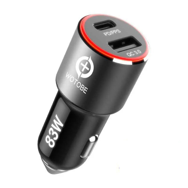 Black 83W dual-port fast car charger with USB-C and QC3.0 ports shown with included USB-C to USB-C cable.