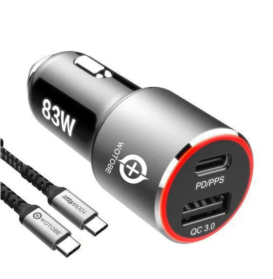 Black 83W dual-port fast car charger with USB-C and QC3.0 ports shown with included USB-C to USB-C cable.