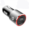 Black 83W dual-port fast car charger with USB-C and QC3.0 ports shown with included USB-C to USB-C cable.