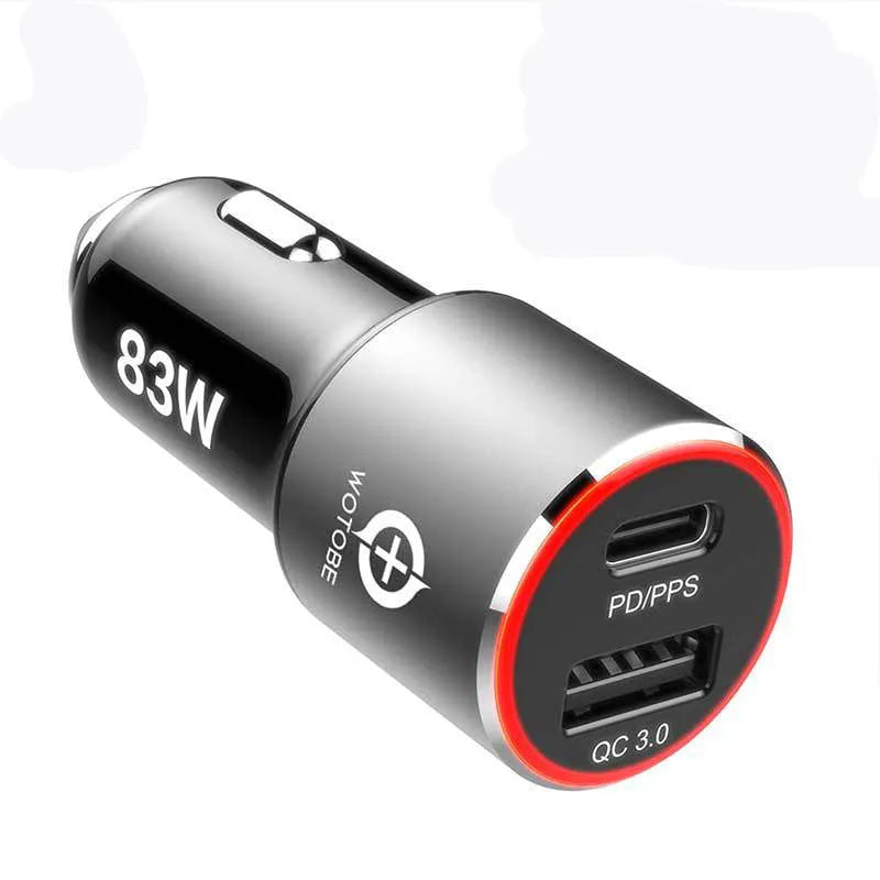 Black 83W dual-port fast car charger with USB-C and QC3.0 ports shown with included USB-C to USB-C cable.