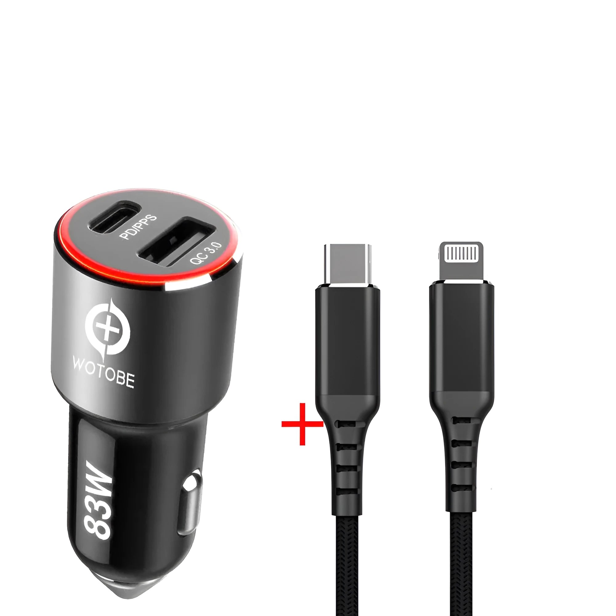 Black 83W dual-port fast car charger with USB-C and QC3.0 ports shown with included USB-C to USB-C cable.