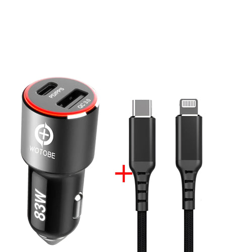 Black 83W dual-port fast car charger with USB-C and QC3.0 ports shown with included USB-C to USB-C cable.