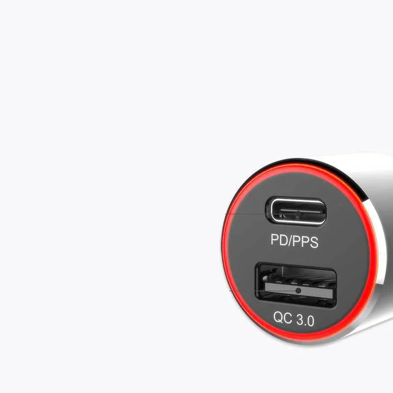 Black 83W dual-port fast car charger with USB-C and QC3.0 ports shown with included USB-C to USB-C cable.