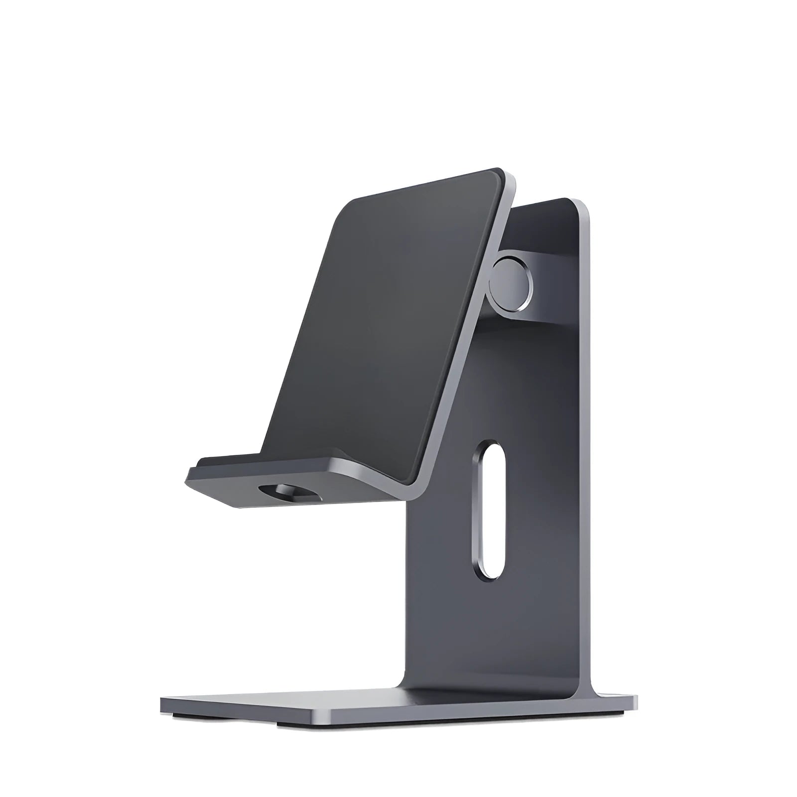 Dark gray alloy desktop stand holding a mobile phone at an angle