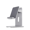 Dark gray alloy desktop stand holding a mobile phone at an angle