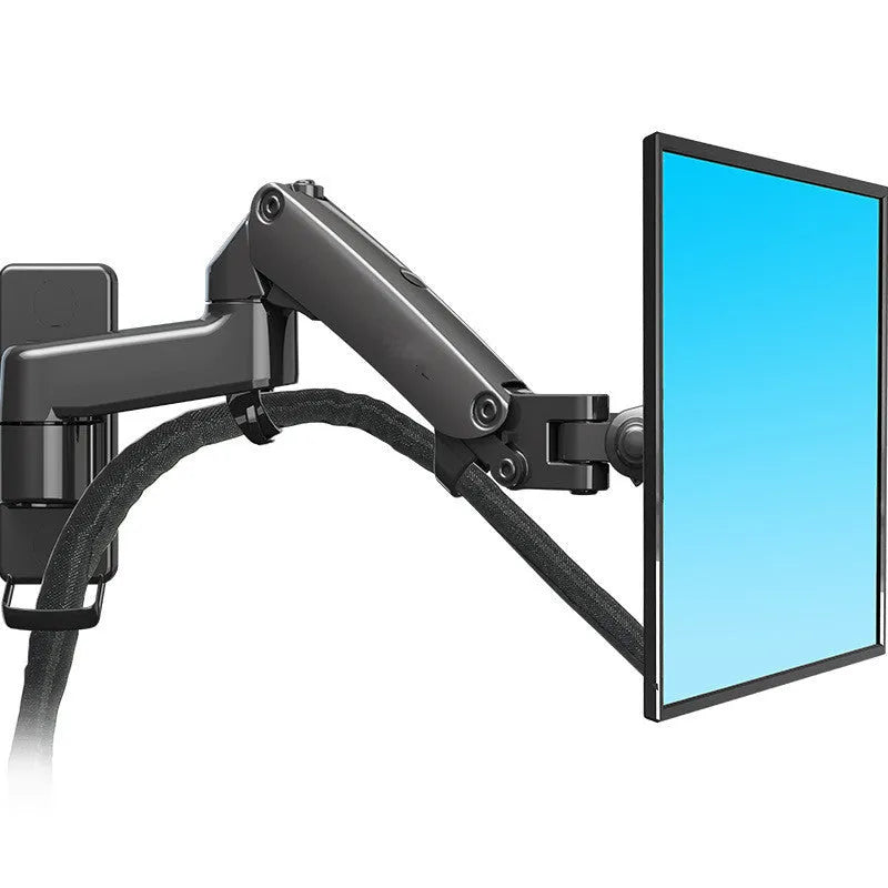 Black wall-mounted computer monitor stand with telescopic arm and rotating screen bracket.