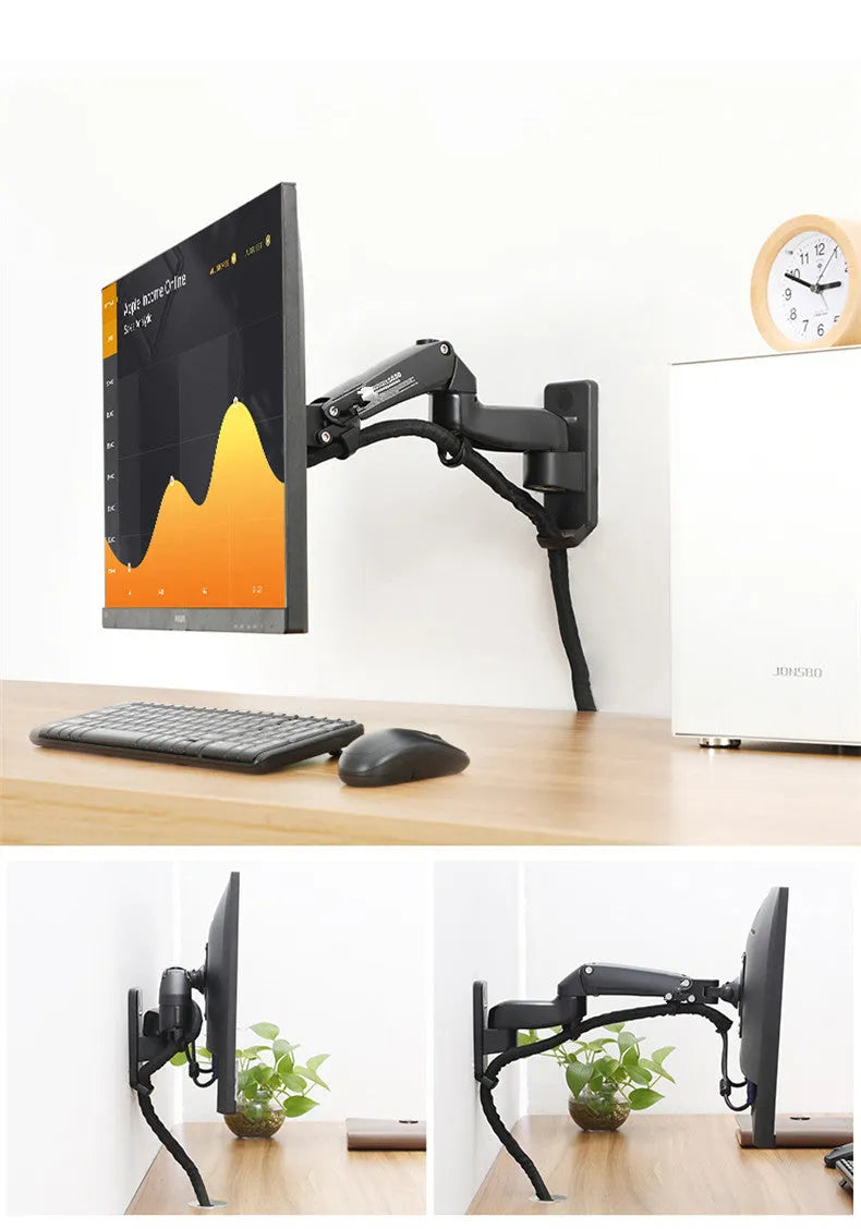 Black wall-mounted computer monitor stand with telescopic arm and rotating screen bracket.