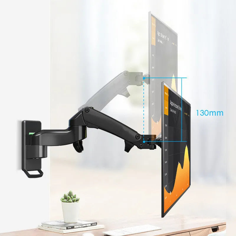 Black wall-mounted computer monitor stand with telescopic arm and rotating screen bracket.