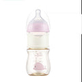 Wide caliber baby glass bottle in blue with arc shape for infant feeding