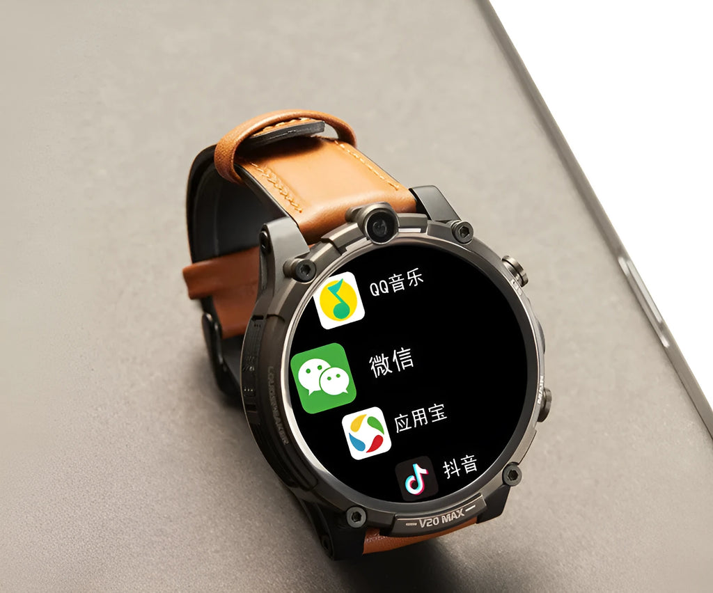 Black smart phone watch with 1.6-inch touch screen and wrist strap showing dual camera and button controls