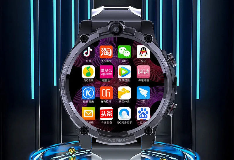 Black smart phone watch with 1.6-inch touch screen and wrist strap showing dual camera and button controls