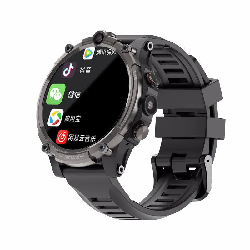 Black smart phone watch with 1.6-inch touch screen and wrist strap showing dual camera and button controls