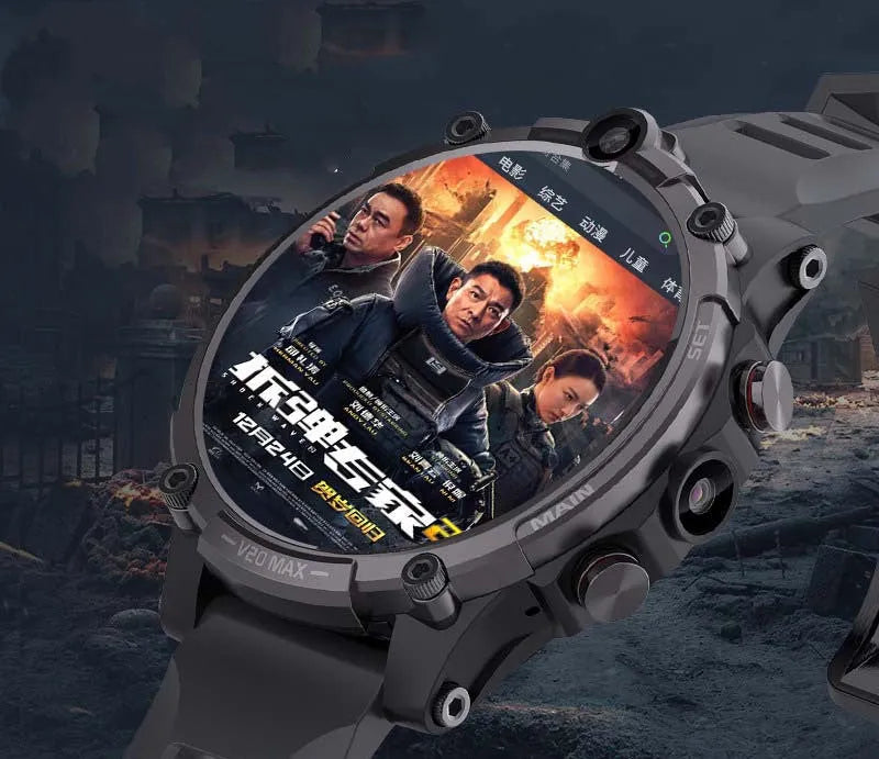 Black smart phone watch with 1.6-inch touch screen and wrist strap showing dual camera and button controls