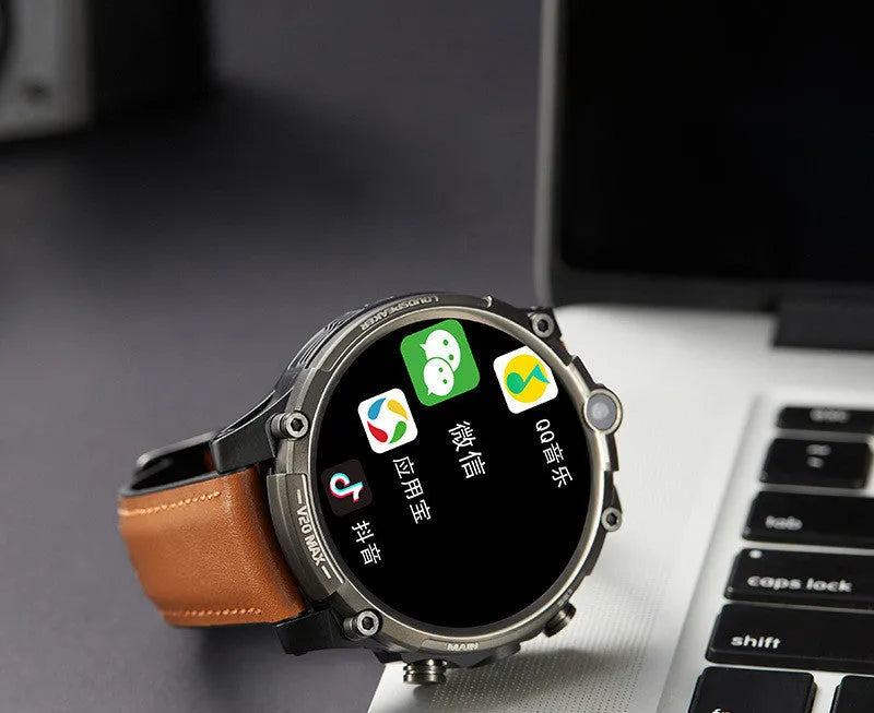 Black smart phone watch with 1.6-inch touch screen and wrist strap showing dual camera and button controls