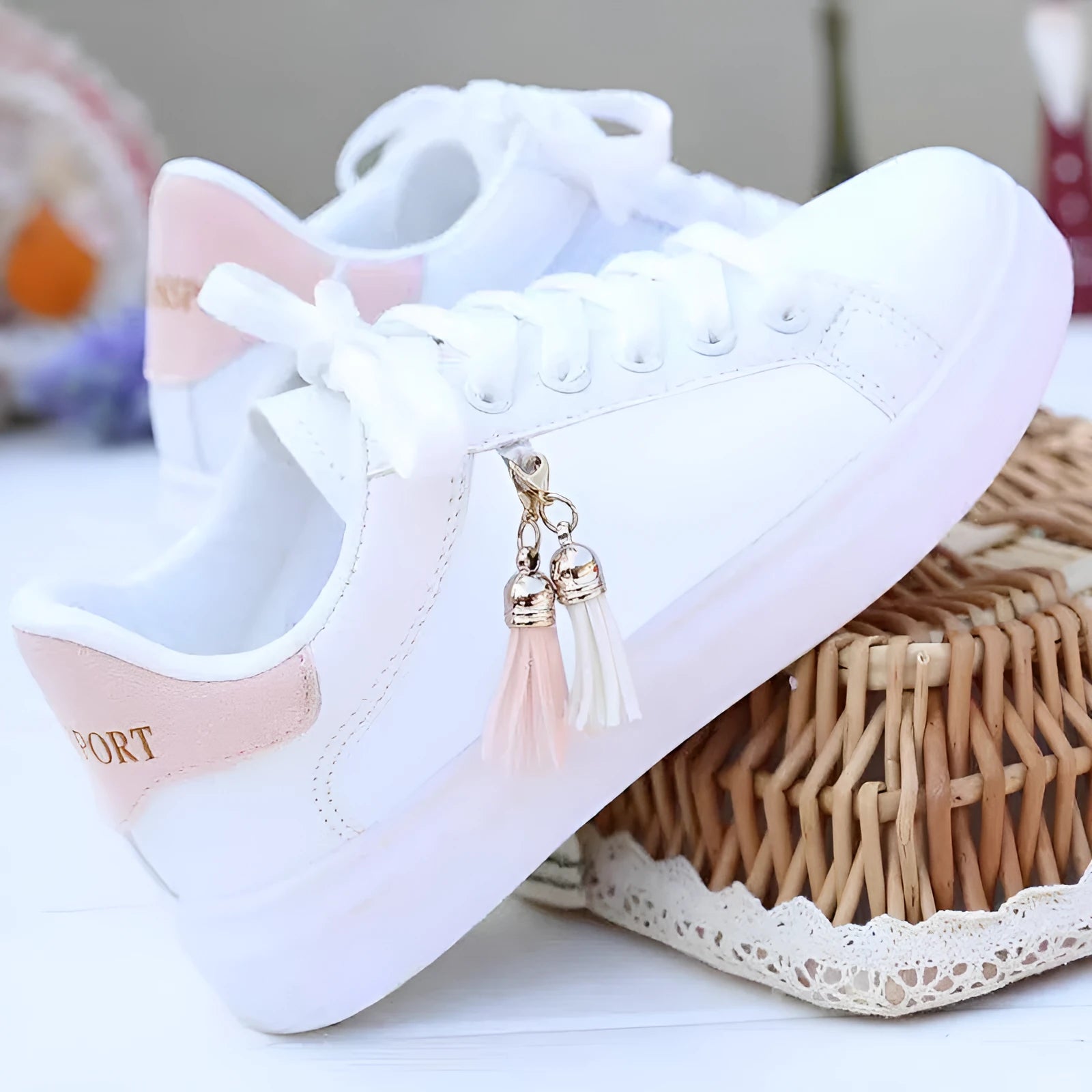 Mesh white ladies fashion shoes with breathable design and 4cm heel height in black or pink options