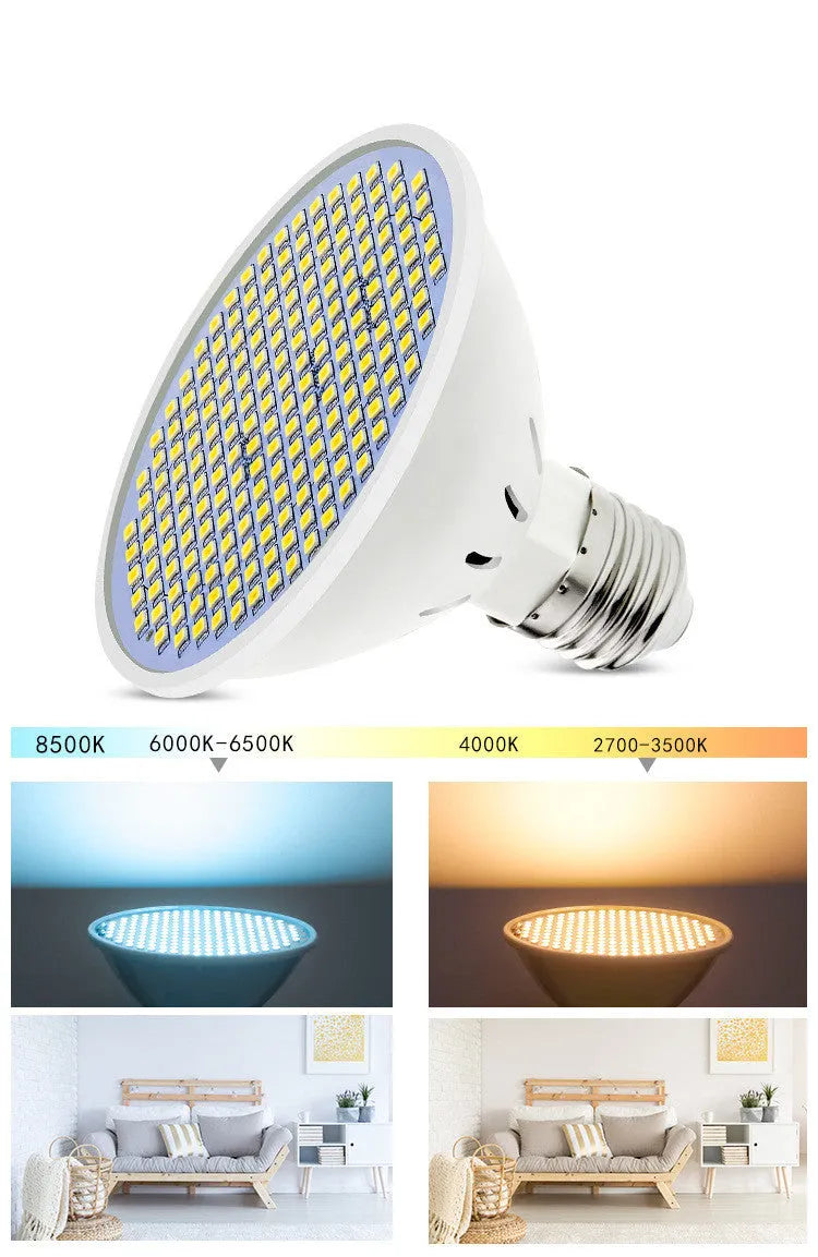 E27 LED energy-saving bulb with polycarbonate body showing warm white and cool white options