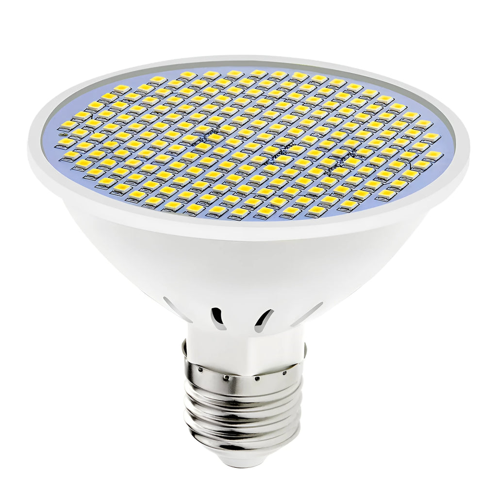 E27 LED energy-saving bulb with polycarbonate body showing warm white and cool white options