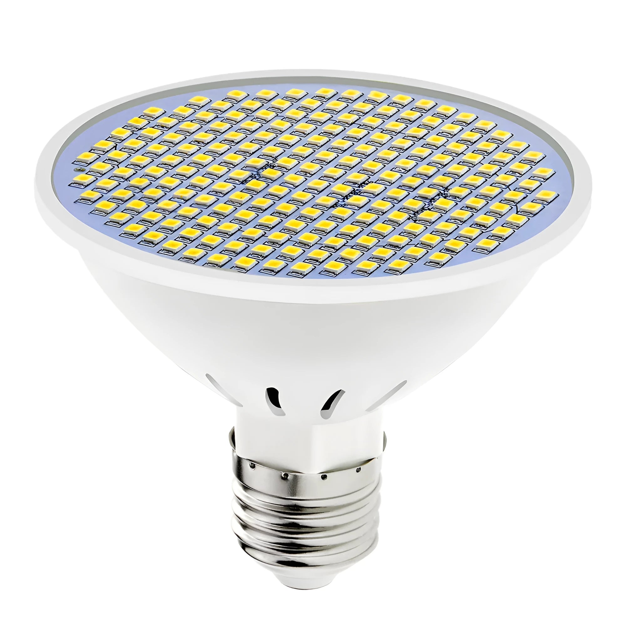 E27 LED energy-saving bulb with polycarbonate body showing warm white and cool white options