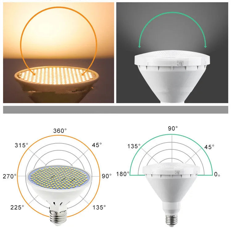 E27 LED energy-saving bulb with polycarbonate body showing warm white and cool white options