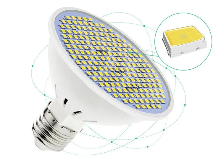 E27 LED energy-saving bulb with polycarbonate body showing warm white and cool white options