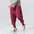 Men's Chinese style harem pants in black, linen blend fabric, loose fit ankle length, casual summer streetwear