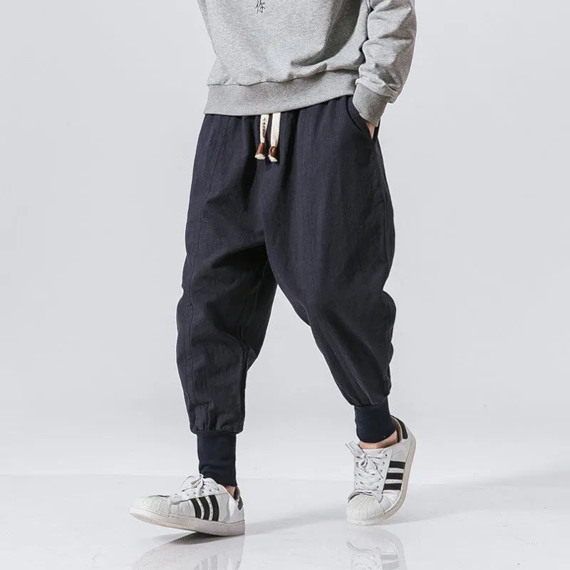 Men's Chinese style harem pants in black, linen blend fabric, loose fit ankle length, casual summer streetwear