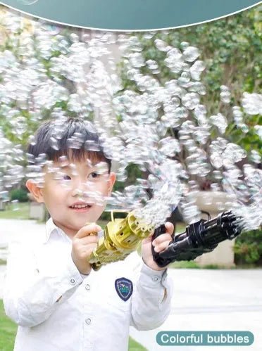 Children's bubble machine gun toy in pink, gold or black with battery compartment and trigger operation