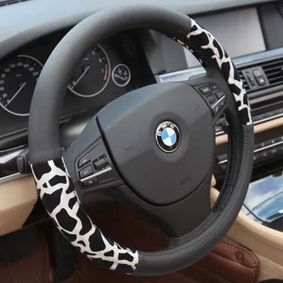 Lady cute leopard print microfiber leather steering wheel cover with white inner ring for GM cars, 38cm diameter, gold colour
