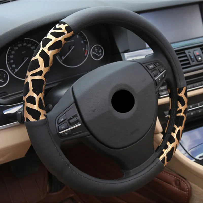 Lady cute leopard print microfiber leather steering wheel cover with white inner ring for GM cars, 38cm diameter, gold colour