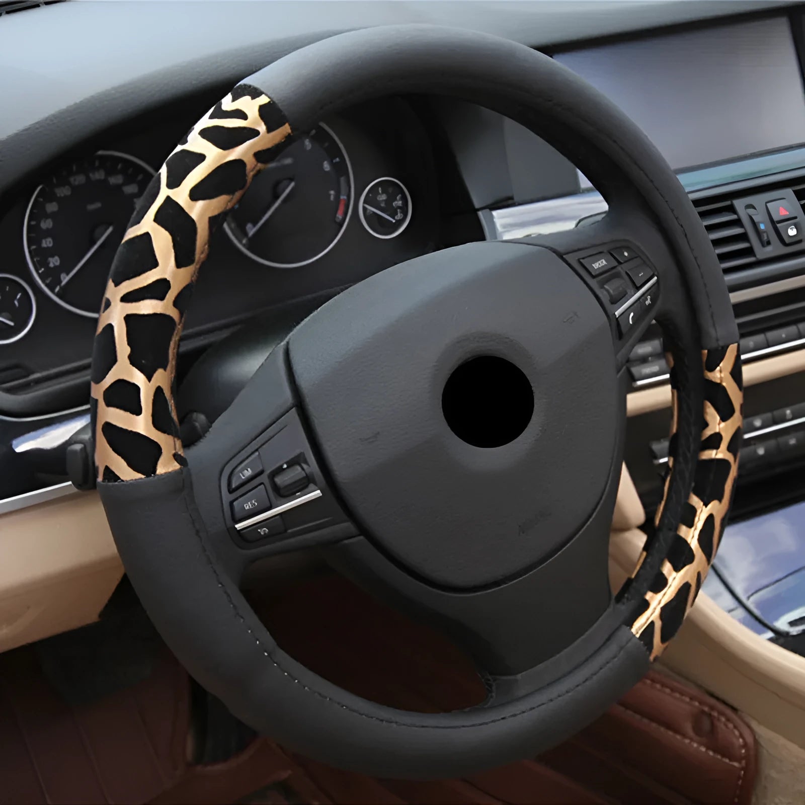 Lady cute leopard print microfiber leather steering wheel cover with white inner ring for GM cars, 38cm diameter, gold colour