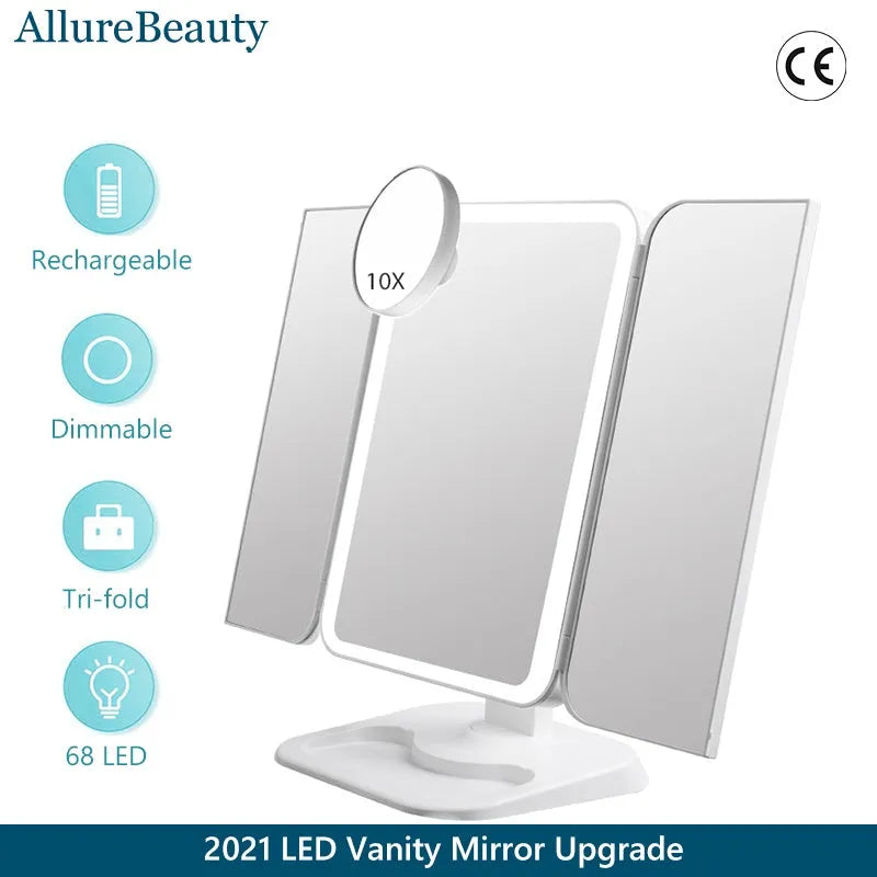 Trifold LED makeup mirror with 68 lights, 10X magnifying mirror, and USB rechargeable battery on table