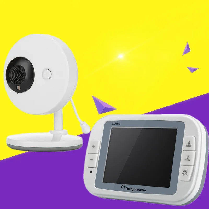 White 3.5 inch digital wireless baby monitor with UFO-style camera showing night vision and temperature monitoring features
